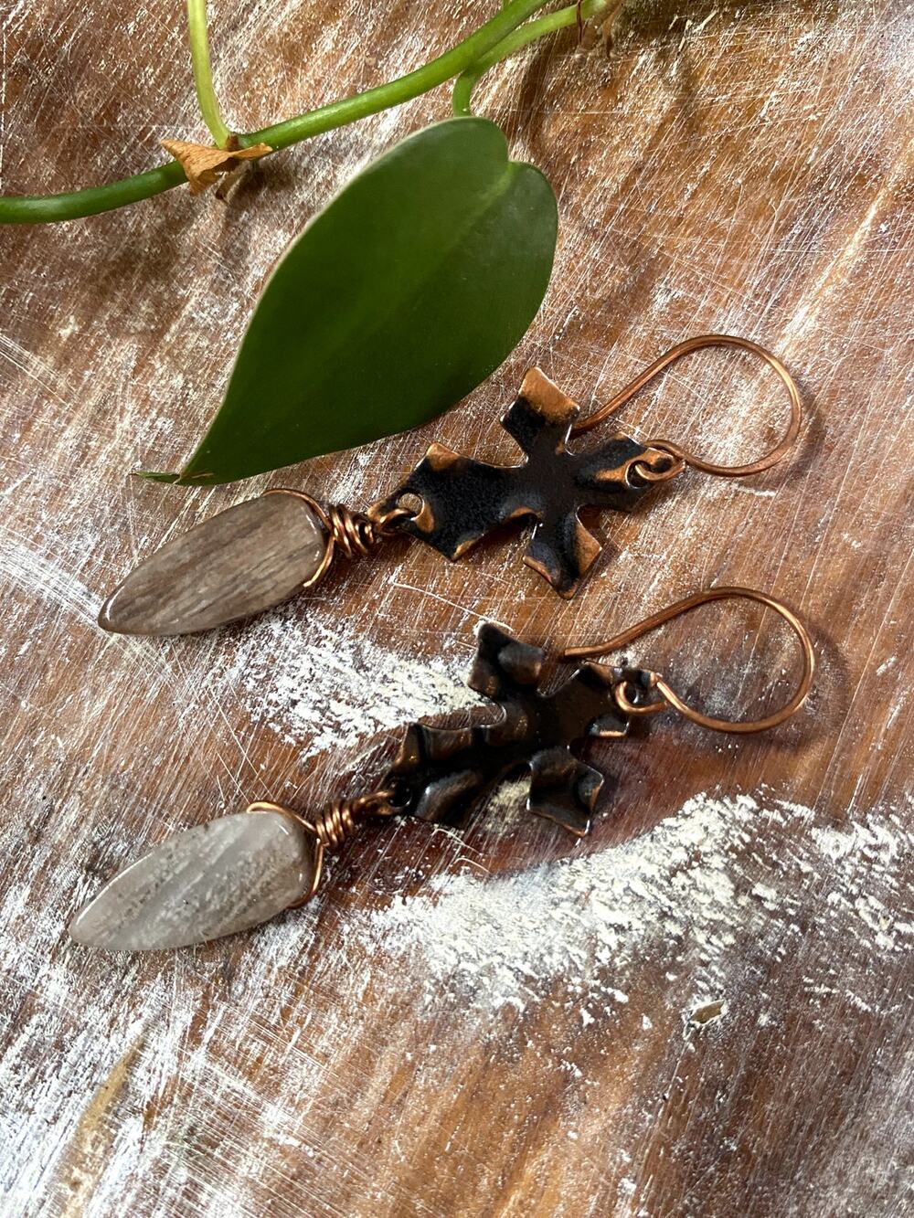 Hematoid Quartz Copper Cross Earring